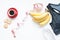 Creative flat lay of Healthy lifestyle concept, Coffee and cookies with banana, water and sport bra