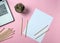 Creative flat lay photo of workspace desk with laptop, pencils, cactus and notebook with copy space background.