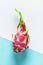 Creative flat layout with dragonfruit pitaya or pitahaya on two tone double color paper, white and blue background. Top view,