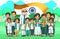 Creative flat vector illustration of Indian students and faculty teachers standing in front of Indian tricolor flag in school.
