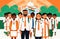 Creative flat vector illustration of Indian students and faculty teachers standing in front of Indian tricolor flag in school.