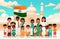 Creative flat vector illustration of Indian students and faculty teachers standing in front of Indian tricolor flag in school.