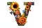 Creative Floral and Sunflower Colorful Photorealistic Letter V, Ai generative