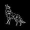 Creative geometric figure of a wild howling wolf male from a white ragged outline on a black background.