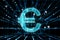 Creative glowing euro hologram with metaverse lines on dark background. Money, online banking app, currency and finance concept.