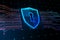 Creative glowing shield circuit security hologram on blurry background. Safety and web protection concept.