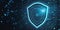 Creative glowing shield hologram on blue wallpaper with various blurry icons. Cyber security, data protection concept. Modern