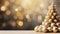 Creative gold christmas tree with balls and glitter on blurred, sparkling lights background. Festive mockup banner with baubles