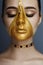 Creative grim makeup face of girl Golden color zipper clothing on skin. Fashion beauty creative cosmetics and skin care halloween
