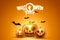 Creative Halloween Background. Realistic Image of a pumpkin on an orange background. Scary Jack. Illustration for the website.