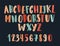 Creative hand drawn latin font or childish english alphabet decorated with scribble. Colorful letters arranged in
