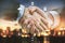 creative handshake and business hologram on blurry bokeh night city background. Financial growth and partnership concept. Double