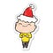 A creative happy distressed sticker cartoon of a bald man wearing santa hat
