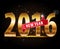 Creative happy new year 2016 design with golden typography and thumbs up.