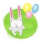 Creative hare rabbit with balloons on a bright green background Funny cute childish character rabbit hare for birthday cards