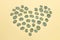 Creative heart pattern from leaves of Eucalyptus plant on a sand yellow background.