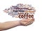 Creative hot coffee, cappuccino or espresso abstract word cloud in hand