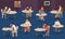 Creative human collection. Tiny people sitting at tables in large hall and eating. Colorful vector illustration in flat