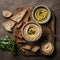 Creative hummus on olive oil in the bowl food photography