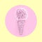 Creative ice cream cone made from confetti with flower onion in pink circle on pastel yellow background. Trendy minimal pop art st