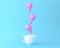 Creative idea light bulb pink floating with cup on pastel blue background. minimal business ideas concept