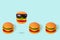 Creative idea made from a hamburger with sunglasses that is placed in a row with normal burgers. Be different concept