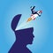 Creative idea mind concept, businessman flying out with a rocket from inside big man head, of  innovation in business