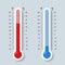 Creative illustration of celsius, fahrenheit meteorology thermometers scale on background. Heat, hot, cold signs.
