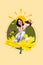 Creative illustration collage of dreamy cute lady sitting yellow daisy flower sunny weather explore garden isolated on