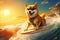 Creative illustration with funny dog surfing on surfboard on wave in ocean or sea