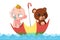 Creative Illustration and Innovative Art: Baby and Bear Toy in the Umbrella on the Water.