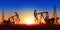 Creative illustration of oil pump industry silhouette, field pumpjack, rig drill over sunset isolated on background. Art design