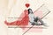 Creative illustration picture collage sitting cheerful young girl imaginary partner boyfriend happy smile drawing