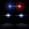 Creative illustration of police car silhouette headlights, blinking isolated on background. Glowing headlamp. Red, blue siren