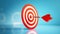 Creative illustration of red round shaped target with thin arrow representing concept of setting goals correctly on blue