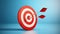 Creative illustration of red round shaped target with thin arrow representing concept of setting goals correctly on blue