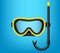 Creative illustration of scuba diving, swimming mask with snorkel, goggles, flippers isolated on background. Art design realistic