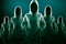 Creative image of a group of hackers in hoodies standing on abstract dark coding backdrop. Malware, phishing and theft concept.