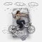 Creative image. Top view of young woman lying on bed, sleeping, dreaming about riding bike