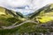 Creative image, view on Transfagarasan road. Till shift effect Travel background. Highway in european mountains. Europe,Romania.