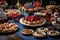 A creative, Independence Day-themed dessert table, patriotic cupcakes, and a star-spangled fruit platter, set in a festive, party