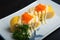 Creative Japanese food  Japanese sweet egg topped with salad dressing and Shrimp eggs, Nigiri Sushi food