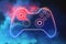 Creative joystick or gamepad hologram on blue smoke background. Esport, gaming and fun concept. 3D Rendering