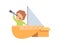 Creative Kid Character Playing Ship Made of Cardboard Boxes, Cute Boy Captain Looking Through Spyglass Cartoon Vector