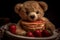 Creative kids dinner. Teddy bear hugging pancakes. strawberries in the plate