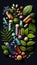 Creative layout of colorful pills and capsules on dark background. Minimal medical concept. Pharmaceutical, Covid-19 or