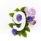 Creative layout with colourful flowers and number nine. Flat lay. Top view.