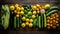A creative layout of green and yellow fruits and vegetables