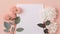 Creative layout made of paper flowers and eucalyptus leaves on pastel pink background. Flat lay, top view minimal concept.