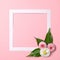 Creative layout made of paper frame border and tender spring flowers on pastel pink background. Minimal nature composition with